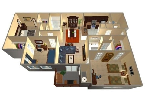 Floor plan for 3 beds, 2 baths, 1402 sqft